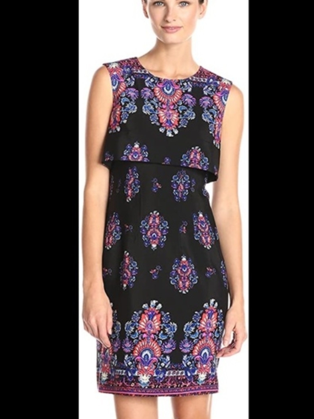 Nanette Lepore Sleeveless Layered Sheath Dress w/ Medallion Print Resort, Size 4